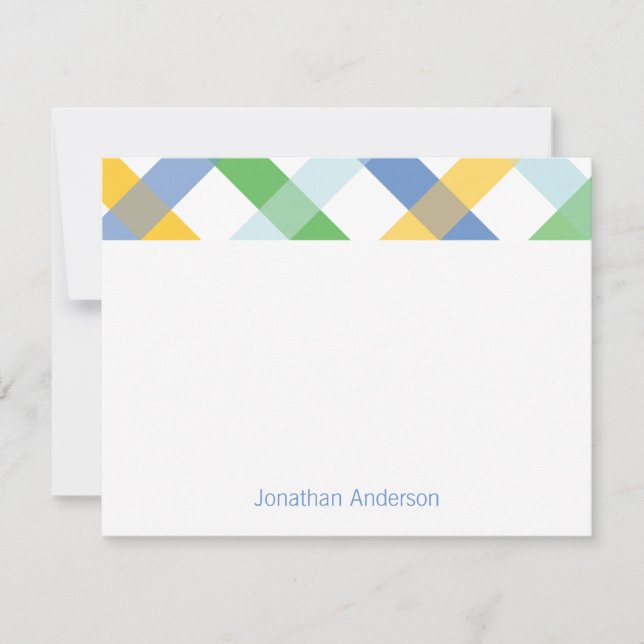 Blue and Green Preppy Plaid Personalized Note Card (Front)