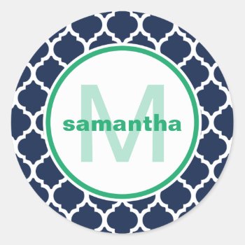 Blue And Green Quatrefoil Monogram Classic Round Sticker by snowfinch at Zazzle