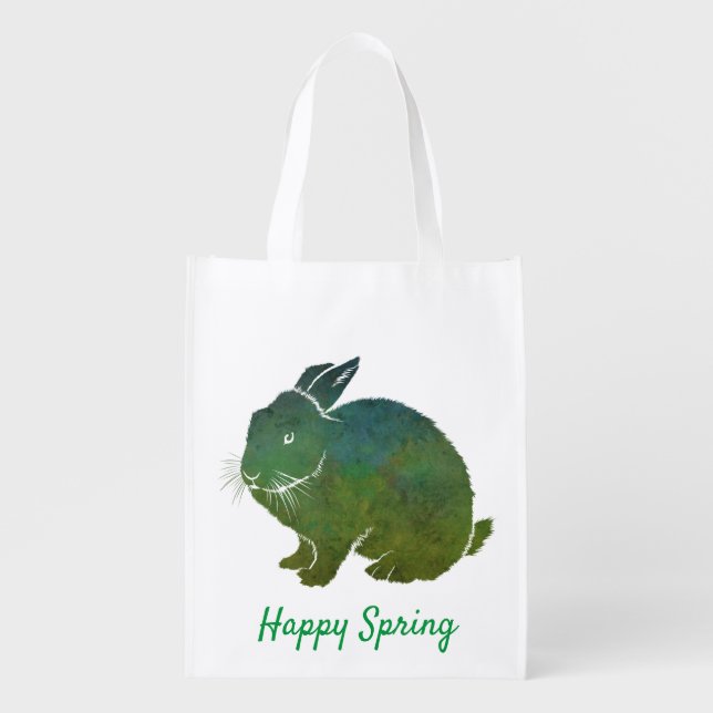 Blue and Green Rabbit, Happy Spring Grocery Bag (Front)