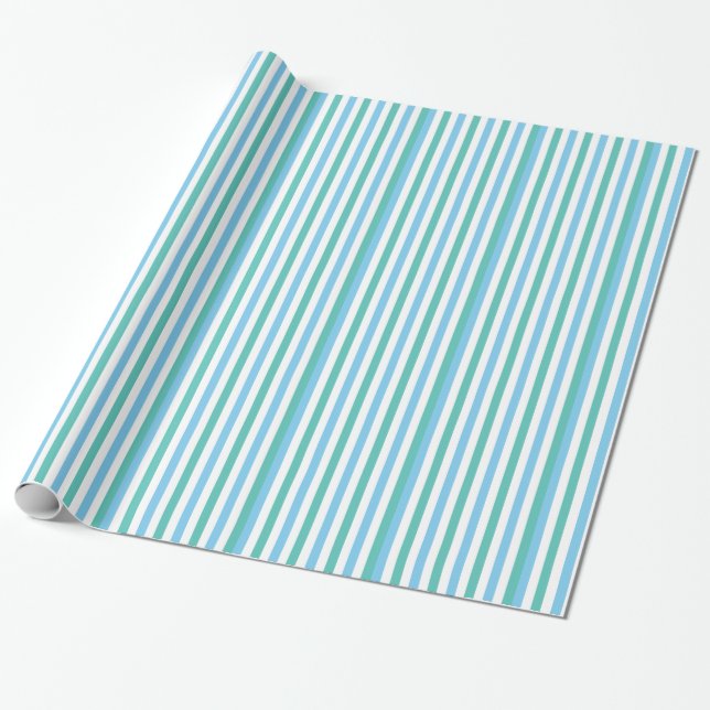 Blue and Green Retro Circus Stripes Wrapping Paper (Unrolled)