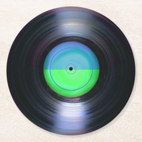 Blue and Green Retro Vinyl Record Round  Round Paper Coaster