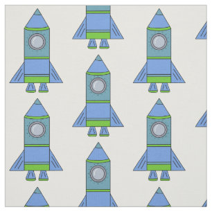 Blue and Green Rocket Space Pattern Kids Fabric