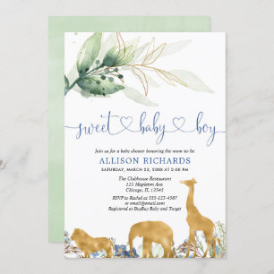 Blue and green safari jungle boy baby shower invitation