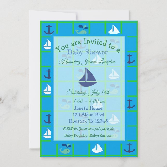 Blue and Green Sailboat Nautical Themed Invites (Front)