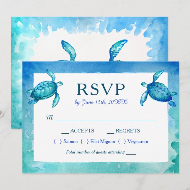 Blue and Green Sea Turtle Wedding RSVP Cards (Front/Back)
