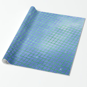 Blue and Green Sparkle Mermaid Scales Pattern Wrapping Paper