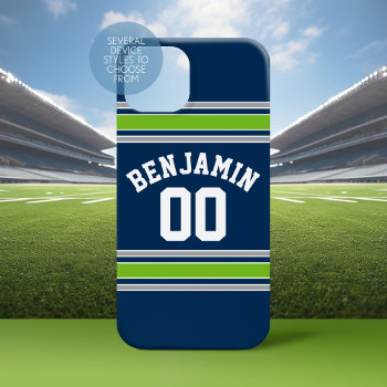 Blue And Green Sport Jersey Custom Name Number Iphone 15 Case by MyRazzleDazzle at Zazzle
