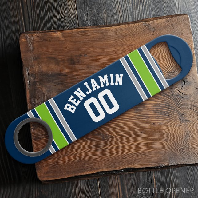 Blue and Green Sports Jersey Custom Name Number Bar Key (Custom Bar Key)
