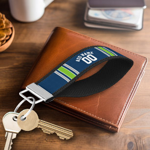 Blue and Green Sports Jersey Custom Name Number Wrist Keychain