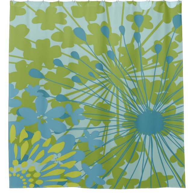 Blue and Green Spring Floral Design Shower Curtain (Front)