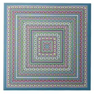 Blue and green square ethnic ornament scarf ceramic tile
