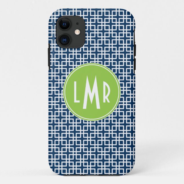 Blue and Green Square Lattice Pattern Monogram Case-Mate iPhone Case (Back)