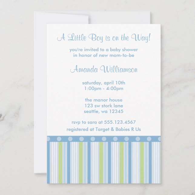 Blue and Green Stripe Baby Boy Shower Invitations (Front)