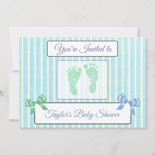 Blue and Green Striped Boy's Baby Shower Invite (Front)