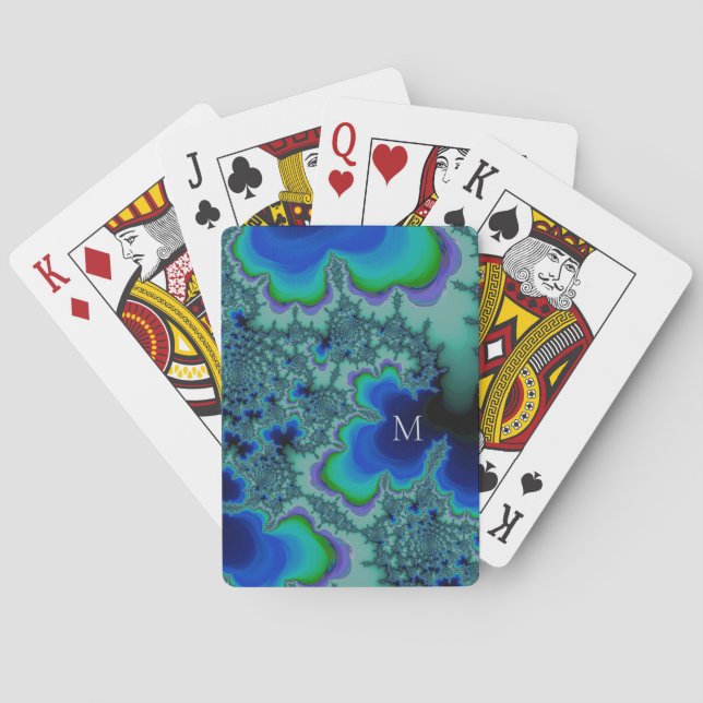 Blue and Green Striped Fractal Oysters Monogram Poker Cards (Back)