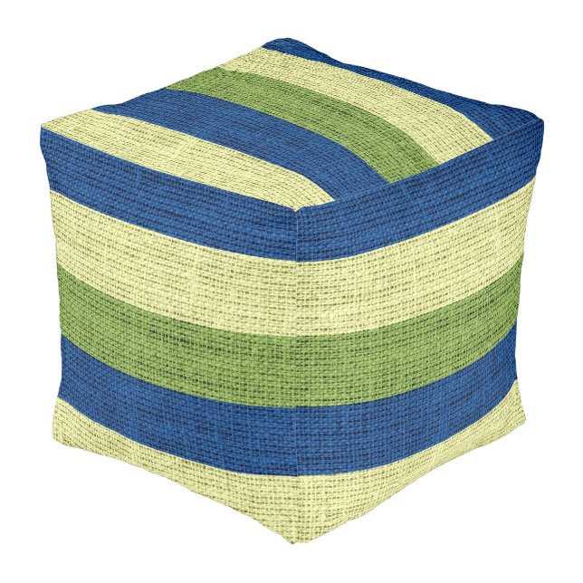 Blue and Green Stripes Burlap Rustic Jute Pouf (Angled Front)
