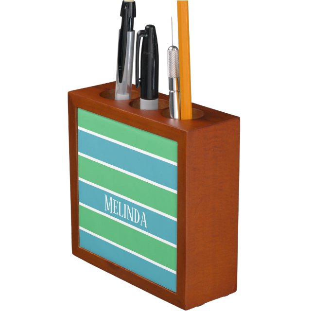 Blue and Green Stripes Desk Organizer (In Situ)