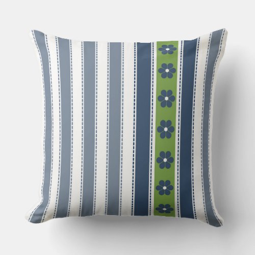 Blue and Green Stripes Floral Throw Pillow