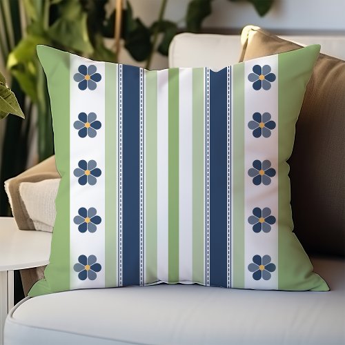 Blue and Green Stripes Floral Throw Pillow