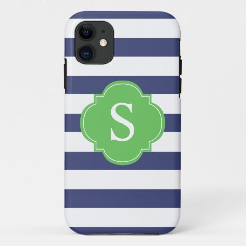 Blue and Green Stripes Monogram iPhone 11 Case