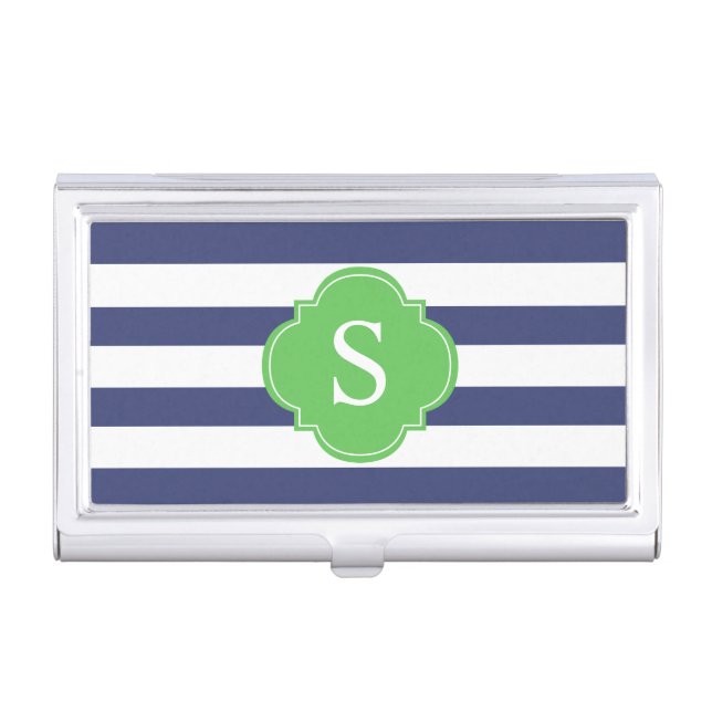 Blue and Green Stripes Monogrammed Business Card Holder (Front)