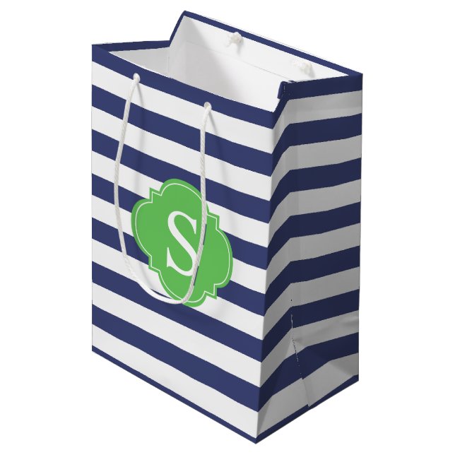Blue and Green Stripes Pattern and Monogram Medium Gift Bag (Front Angled)