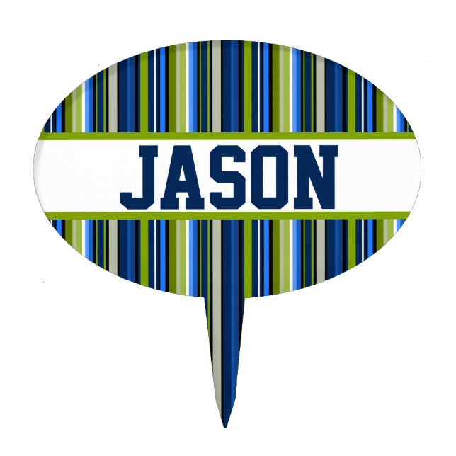 Blue and Green Stripes with Varsity Style Letters Cake Topper (Front)