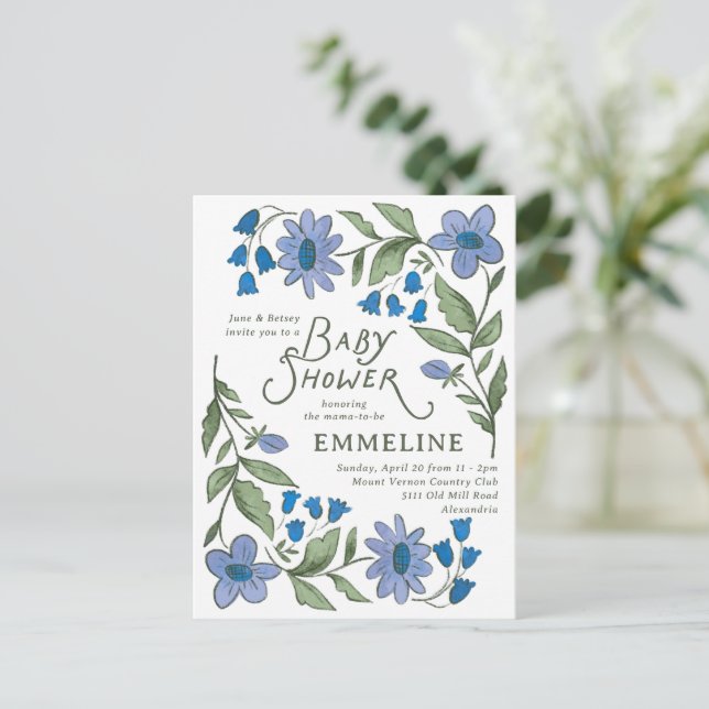 Blue and Green Sweet Country Floral Baby Shower Postcard (Standing Front)