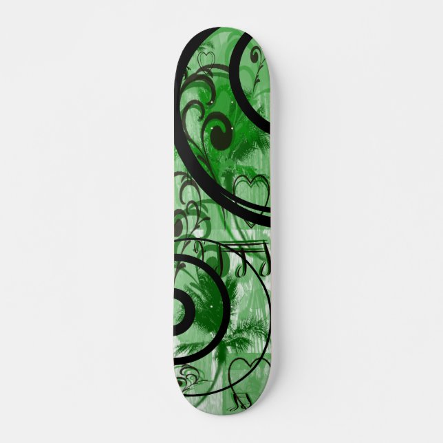Blue and Green Swirls Grunge Floral Skateboard Deck (Front)