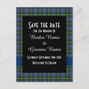 Blue and green tartan plaid save the date announcement postcard