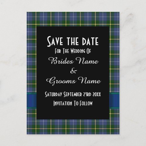 Blue and green tartan plaid save the date announcement postcard