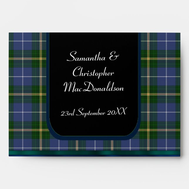 Blue and green tartan plaid wedding envelope (Front)