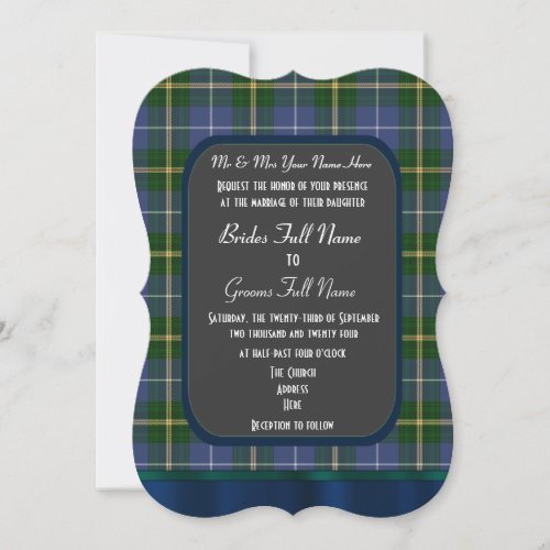 Blue and green tartan plaid wedding invitation