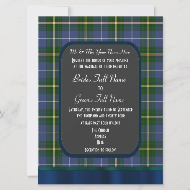 Blue and green tartan plaid wedding invitation (Front)