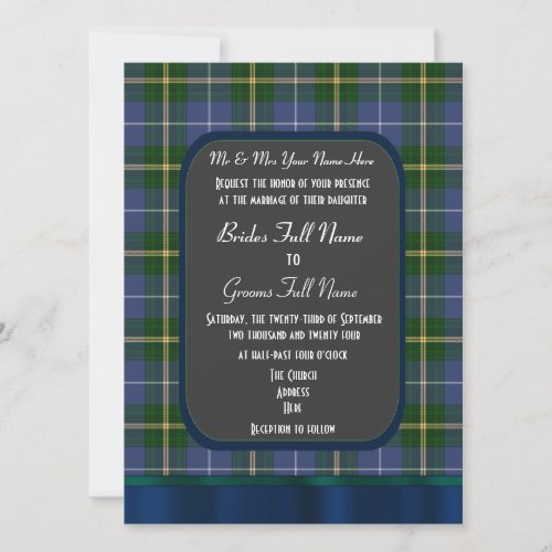 Blue and green tartan plaid wedding invitation