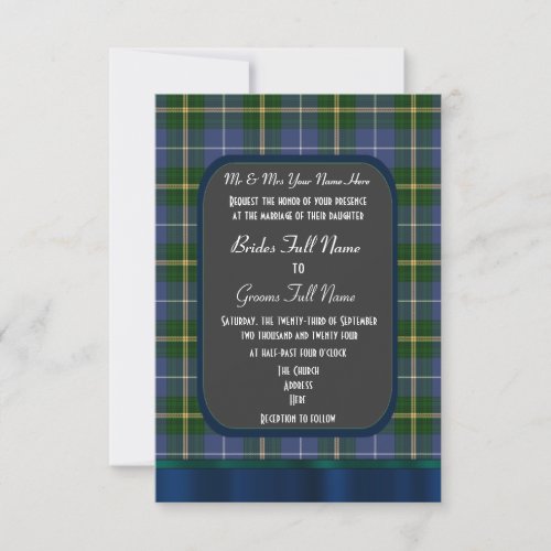 Blue and green tartan plaid wedding invitation