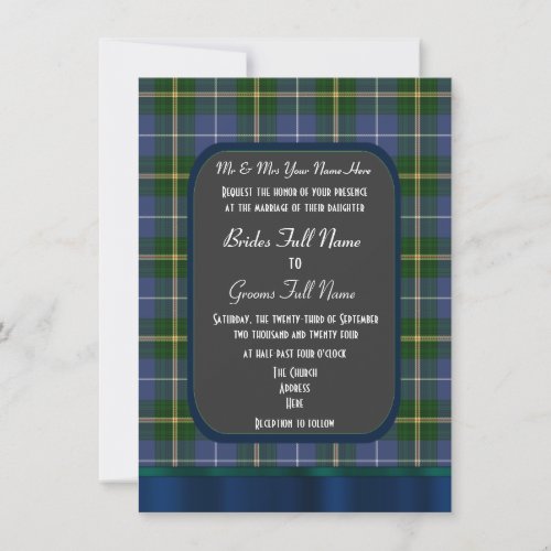 Blue and green tartan plaid wedding invitation