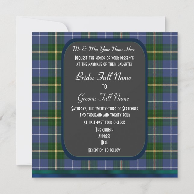 Blue and green tartan plaid wedding invitation (Front)