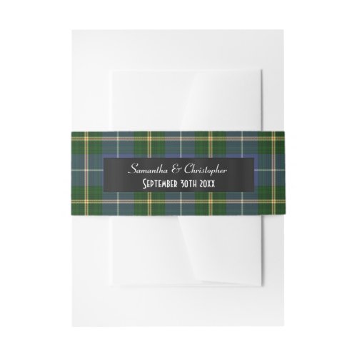 Blue and green tartan plaid wedding invitation belly band