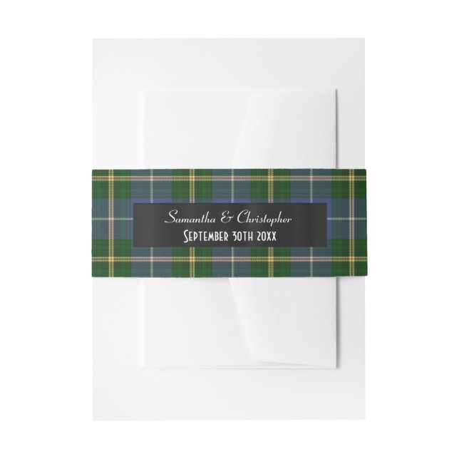 Blue and green tartan plaid wedding invitation belly band (Front Example)