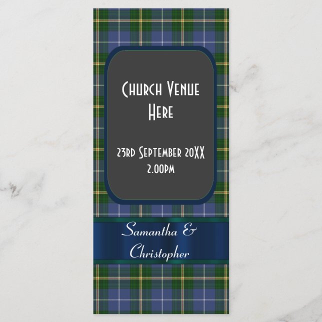 Blue and green tartan plaid wedding program (Front)