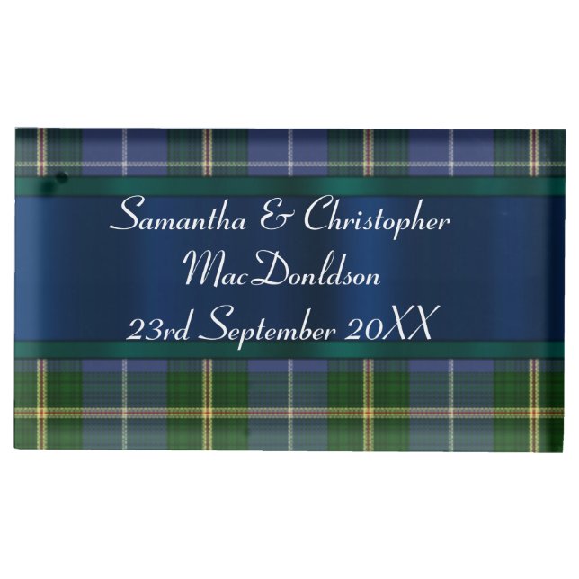Blue and green tartan plaid wedding table card holder (Front)