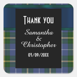 Blue and green tartan plaid wedding thank you square sticker