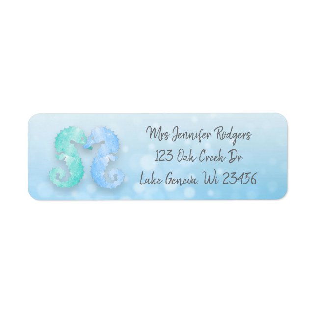 Blue and Green Teal Seahorses  Beachy Label (Front)