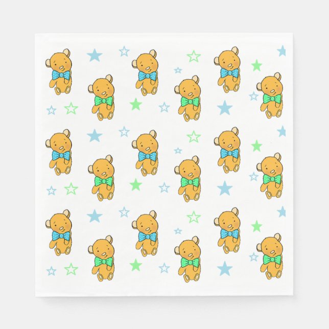 Blue and Green Teddy Bear Boy's Baby Shower Napkins (Front)