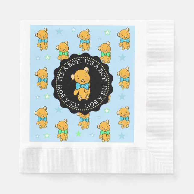 Blue and Green Teddy Bear Boy's Baby Shower Napkins (Front)