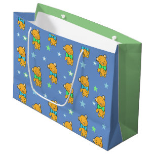 Blue and Green Teddy Bear Stars Baby Shower Large Gift Bag