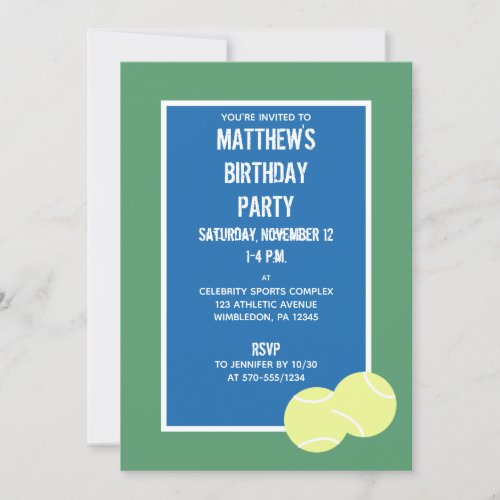 Blue and Green Tennis Court and Balls Party Invitation