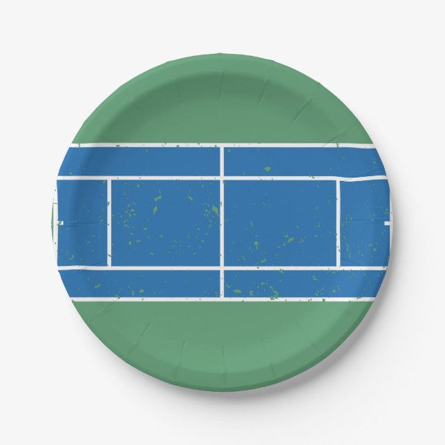 Blue and Green Tennis Court Distressed Style Paper Plates (Front)