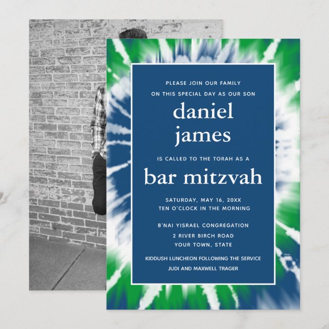 Blue and Green Tie Dye Bar Mitzvah Single Photo Invitation (Front/Back)